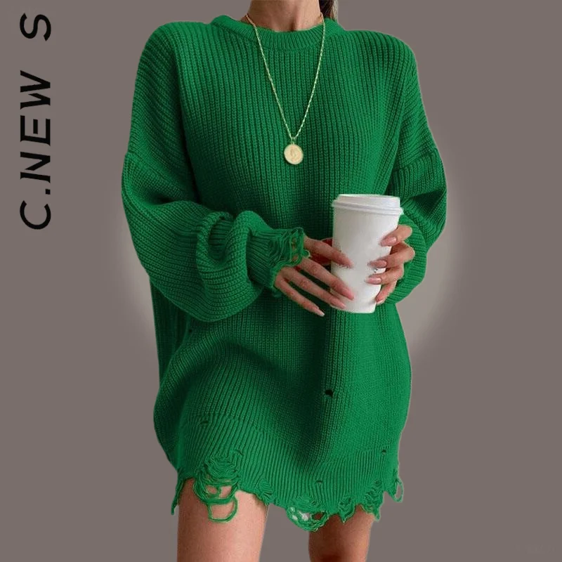 

C.New S Tight Women Sweater Knitted Warm Top Women All-Match O Neck Loose Knit Sweater Girl Long Sleeve Female Women's Clothing