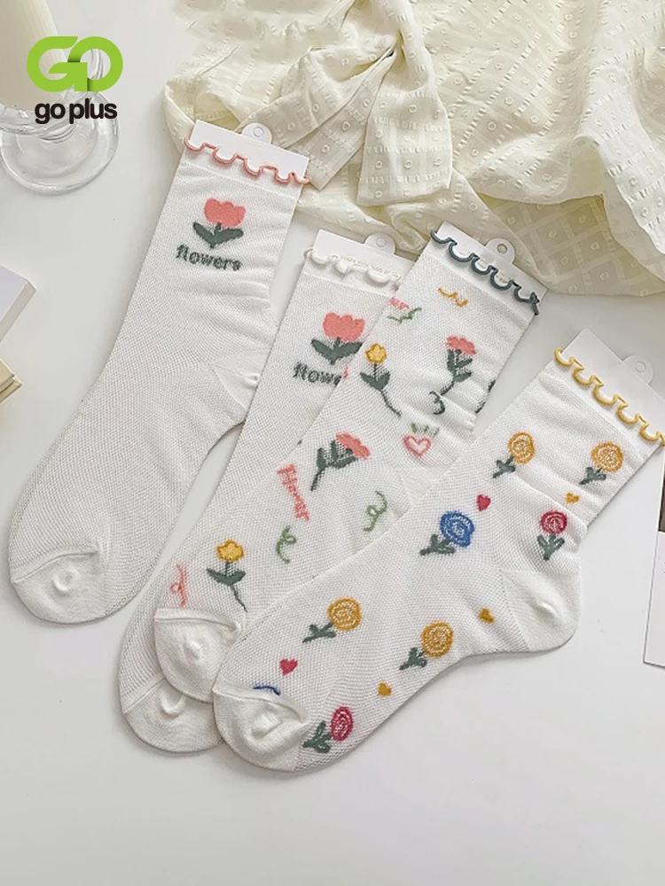 

GOPLUS Floral Ruffle Socks Women Long Thin Summer Socks Cute Sweet Elegant Girl Fashion Mesh Meias Sokken Chaussettes Femme