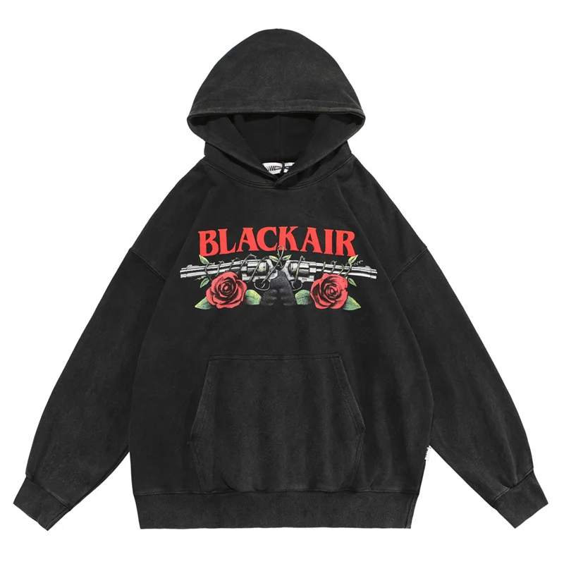 

Gothic Streetwear Hip Hop Oversized Hoodie Letter Gun Rose Printed Hooded Sweatshirts Autumn Vintage Washed Harajuku Hoodies