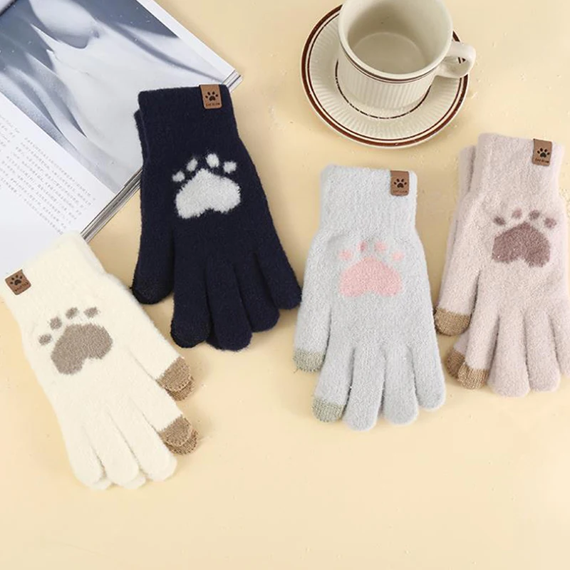 

Women Cartoon Cat Claw Gloves Girls Thickened Plush Lovely Style Paw Exposed Fingers Half Finger Winter Warm Gloves