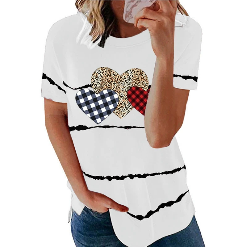 

Women's Fashion Casual Striped Love Leopard Print Short Sleeve T-Shirt Top