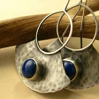 tribe fan metal dark blue stone drop earrings vintage jewelry metal round hollow welding hook earrings women accessories