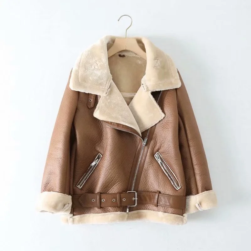 2022 New Women Winter Warm Thick Windproof Motorcycle Coat with Belt Brown Suede Jacket Faux Lamb Leather Jacket Outwear Coats