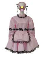 sissy lovely maid satin pink lockable lace apron dress role play costume customization