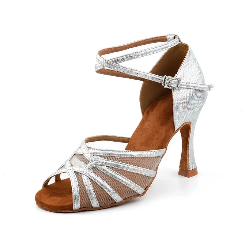Silver Leather Sexy Women Latin Dance Shoes Tango Salsa Rumba Samba Professional Ballroom Dancing Shoes Women Sandals 5CM-10CM