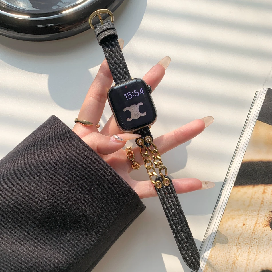 Джинсовый ремешок для Apple Watch Series 9 8 7 6 5 4 SE 38/40/41/42/44/45 мм модный металлический INS с