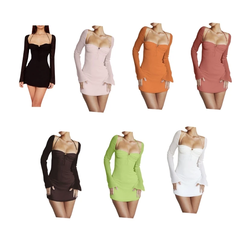 

Women Flared Long Sleeve Square Neck Halter Bandage Slim Fit Mesh Short Dress P8DB