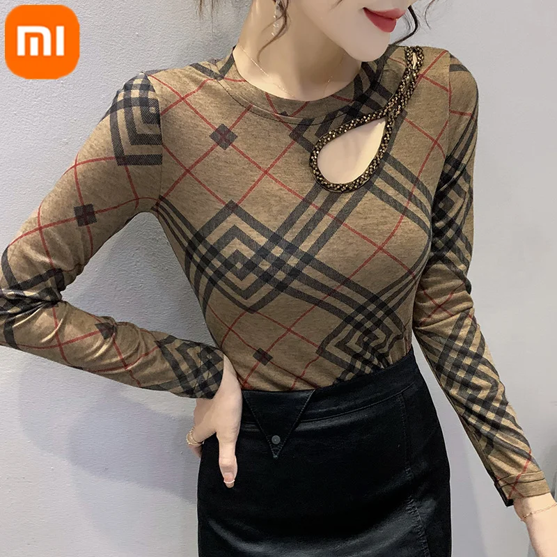 

NEW Xiaomi HANCH printed fashion long-sleeved T-shirt women's skin-friendly comfortable personality beaded slim-fit hollow top