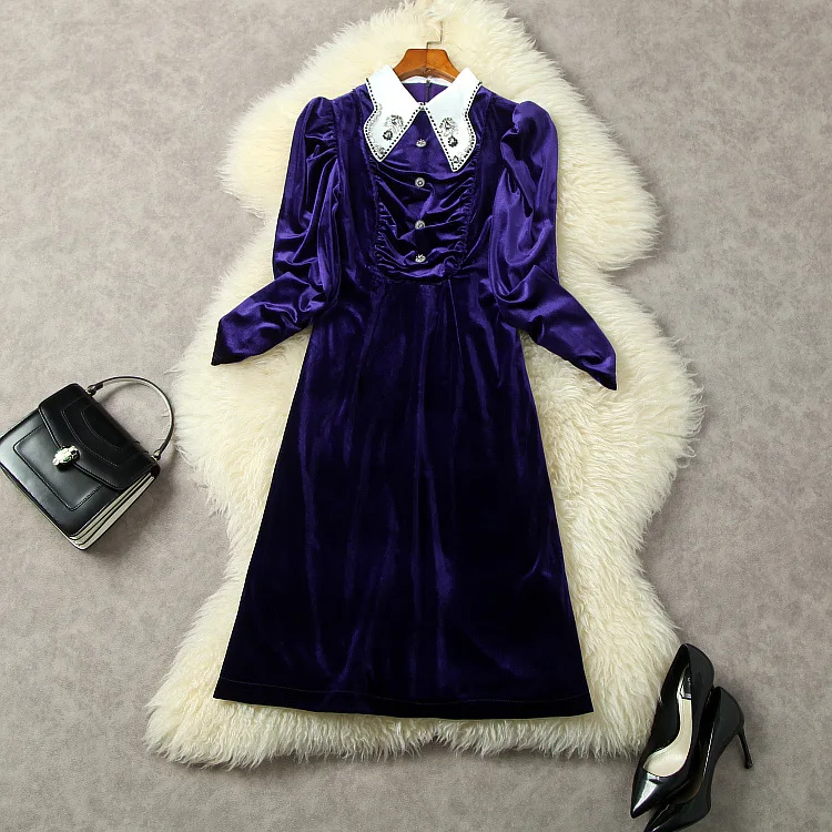 New European and American women's wear for winter 2022 Long sleeve lapel studded bead lapel Fashionable purple velvet dress