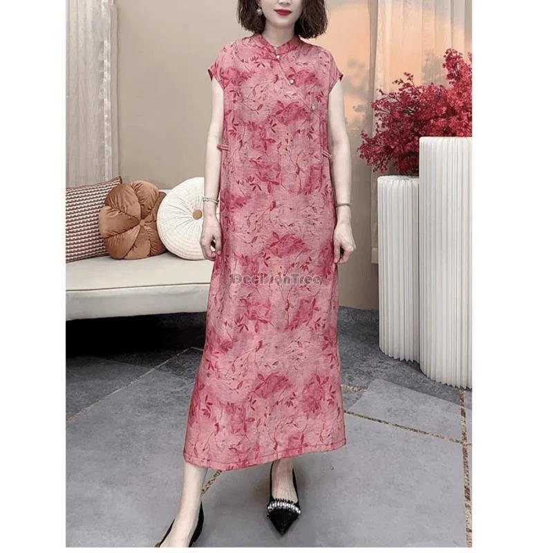 Женское платье-Ципао с цветочным принтом свободное повседневное длинное платье