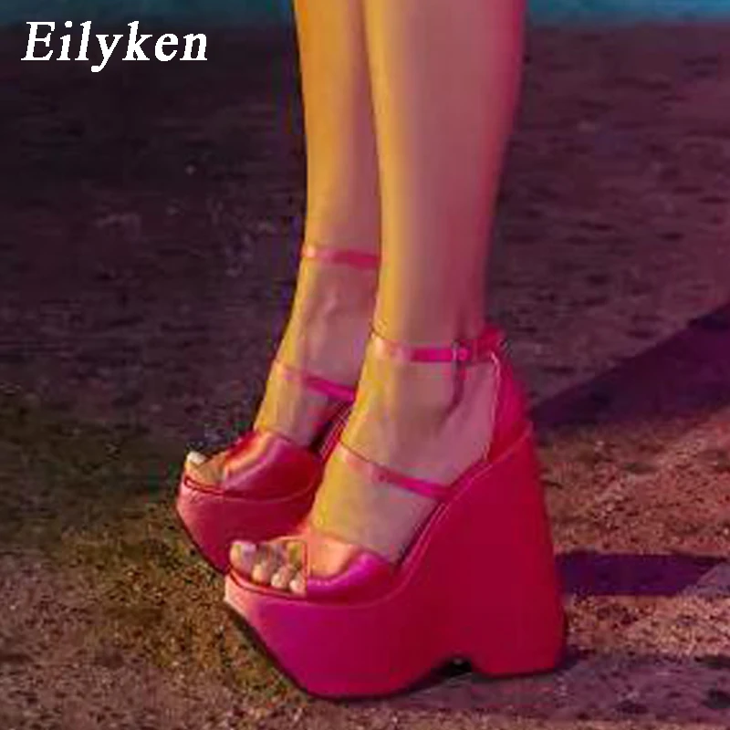 

Eilyken Summer Sexy Green Satin Open Toe Ankle Strap Sandals Women Fashion Platform Wedge High Heels Outdoor Party Ladies Shoes