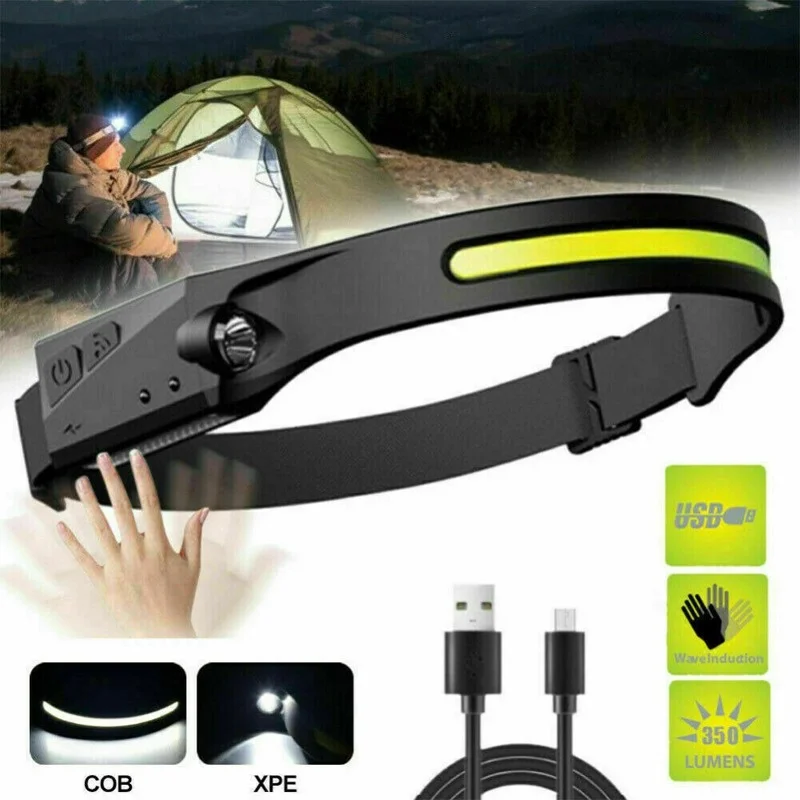 

COB LED Headlamp Sensor Headlight with Built-in Battery Flashlight USB Rechargeable Head Lamp Torch 5 Lighting Modes Work Light