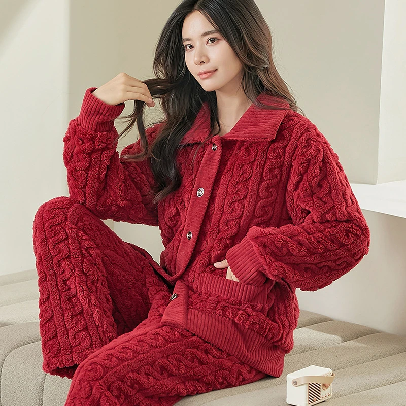 

Women Winter Flannel Pajamas Sets Coral Fleece Thicken Warm Soft Home Wear Fashion Loungewear Long Sleeve Pyjamas Velvet Pijamas