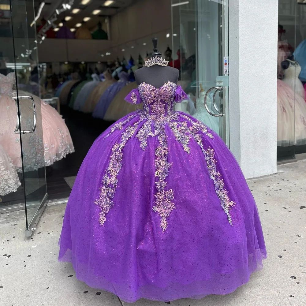 

Purple Quinceanera Dress 2023 Tulle Lace Applique Sweep Train Detachable Sleeve Sweet 15 16 Birthday Party Princess Miss Pageant