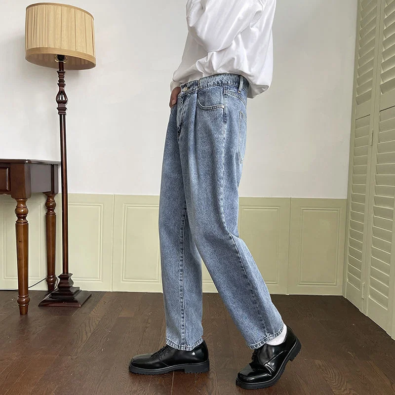 Korean Style Blue Jeans Men's Fashion Casual Straight Jeans Men Streetwear Loose Wide Legs Denim Pants Mens Trousers S-XL