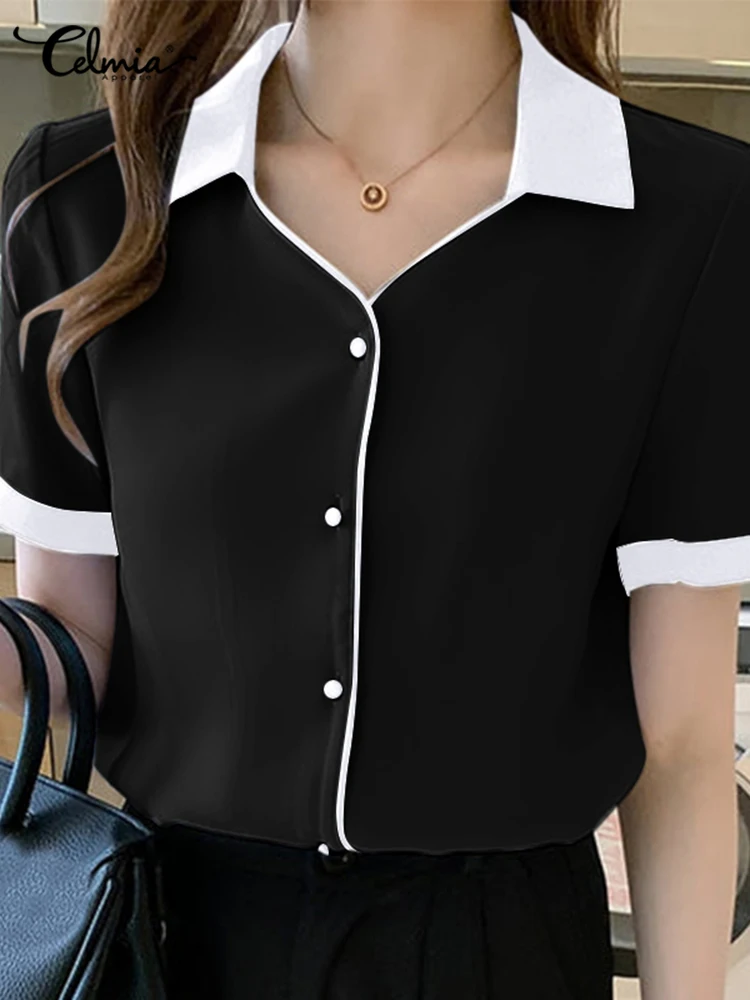 

Celmia 2022 летние туники с отложным воротником и коротким рукавом Модные Цветные контрастные Рубашки Женские однотонные Топы офисные женские б...