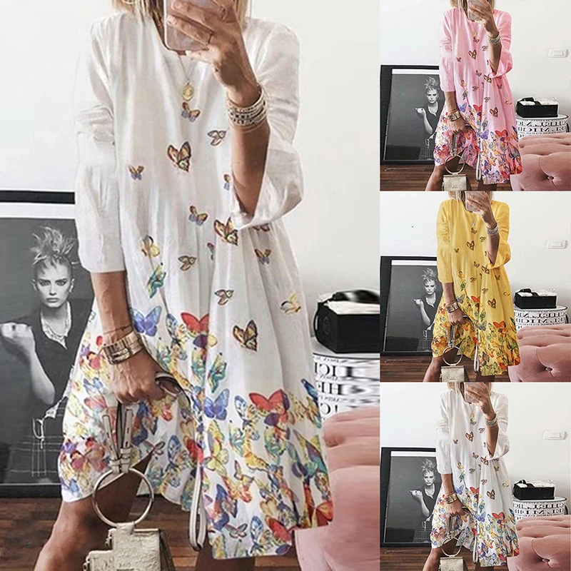 

New 2022 Autumn Dresses Women Long Sleeve Butterfly Print Dress 2XL Vintage A-Line Casual Loose Dress