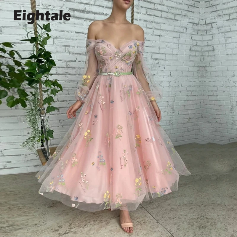 

Eightale Garden Prom Dresses Flowers Pink A-Line Sweetheart Long Puffy Sleeves Tulle Party Dress for Graduation Celebrity
