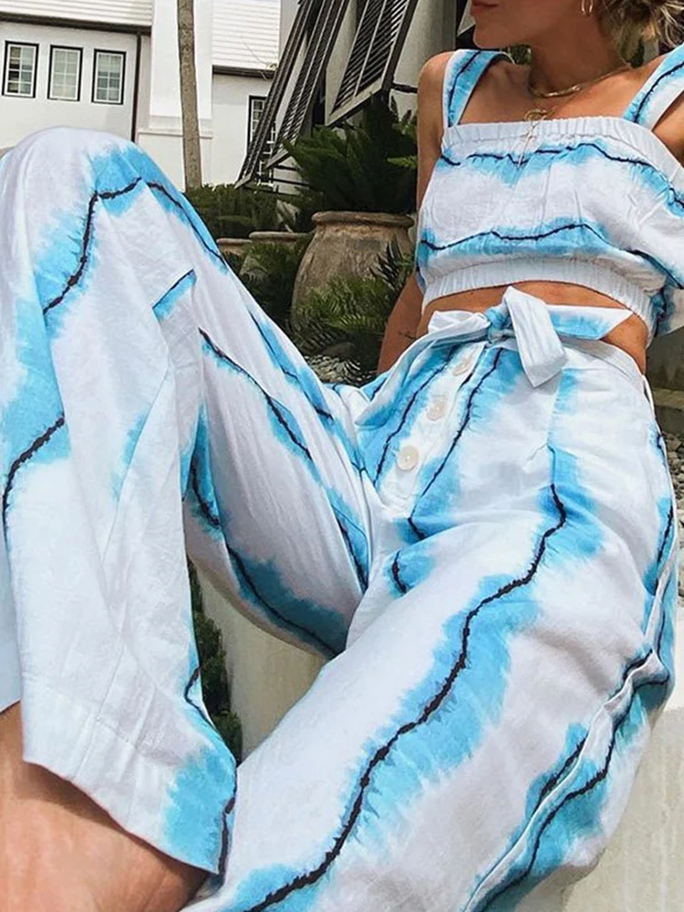 

Vintage Stripe Printed Home Outfits Sexy Sleeveless Crop Tops and Lace-up Wide Leg Pant Suit Summer Women Casual Loose 2Pc Sets
