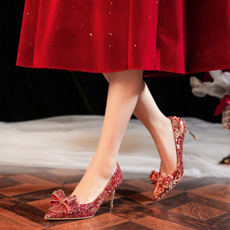 

New Red Dress Wedding Shoes Women's Thin Heels, Pointed Bow, Crystal Chinese Style, Non tiring Foot Bride Shoes, High Heels