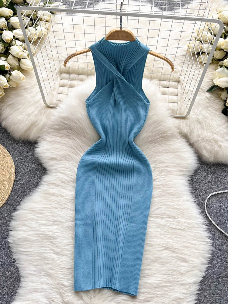 

Женское облегающее мини-платье, простое однотонное вязаное облегающее платье без рукавов с круглым вырезом, повседневные платья, лето 2022