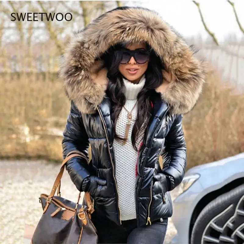 2022 Winter Fur Short Down Padded Jacket with Hood Long Sleeve Thick Coats Female Zippe Solid Color Warm Jackets Parkas Clothes