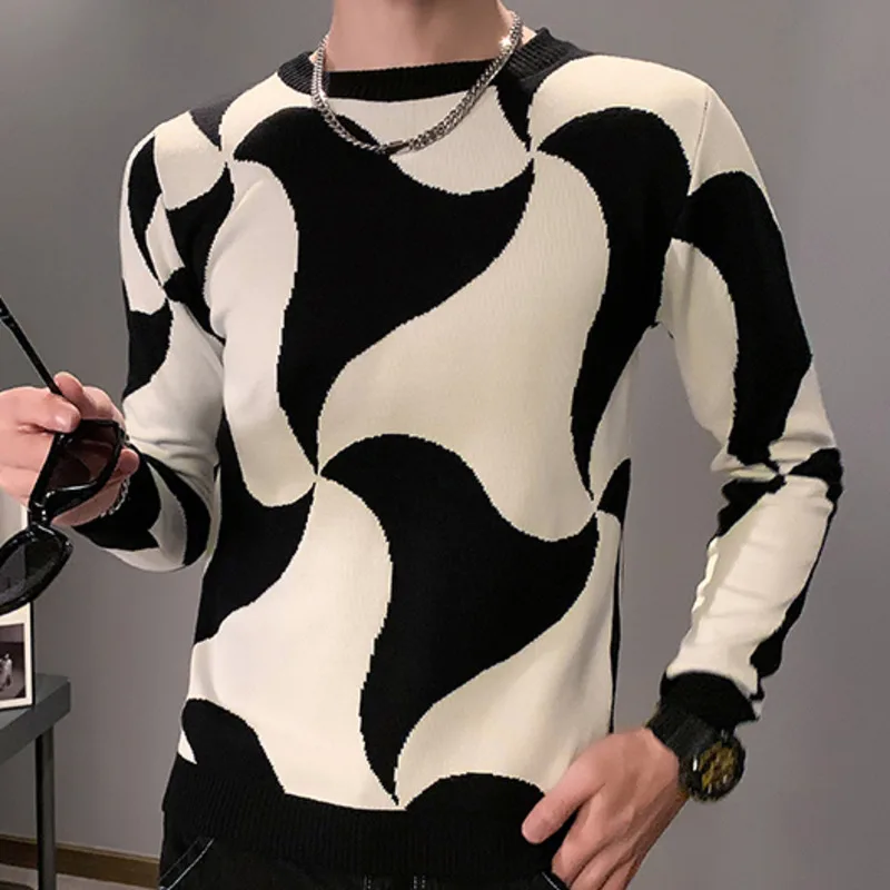 

Contrasting Patchwork Pattern Knit T-Shirt High Elasticity Long Sleeve Slim Bottomed Tshirt Fall Men Streetwear Knitted Top