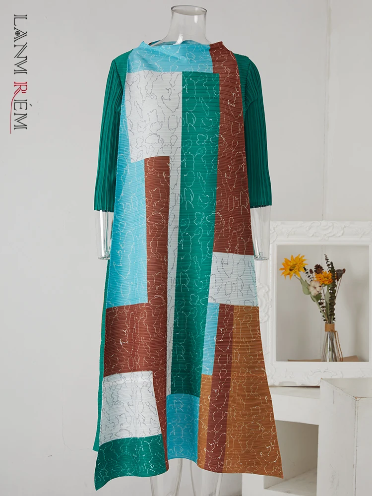 

LANMREM Color Block Printed Pleated Dress For Women Turtleneck Large Hem Casual Dresses Female Fashion Tide 2023 New 2Ma387