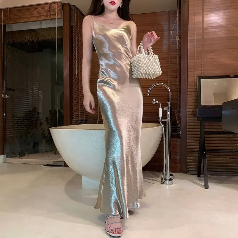 

Sexy Spaghetti Strap Backless Summer Dress Women Satin Ankle Length Long Dress Elegant Sleeveless Bodycon Party Dresses X118