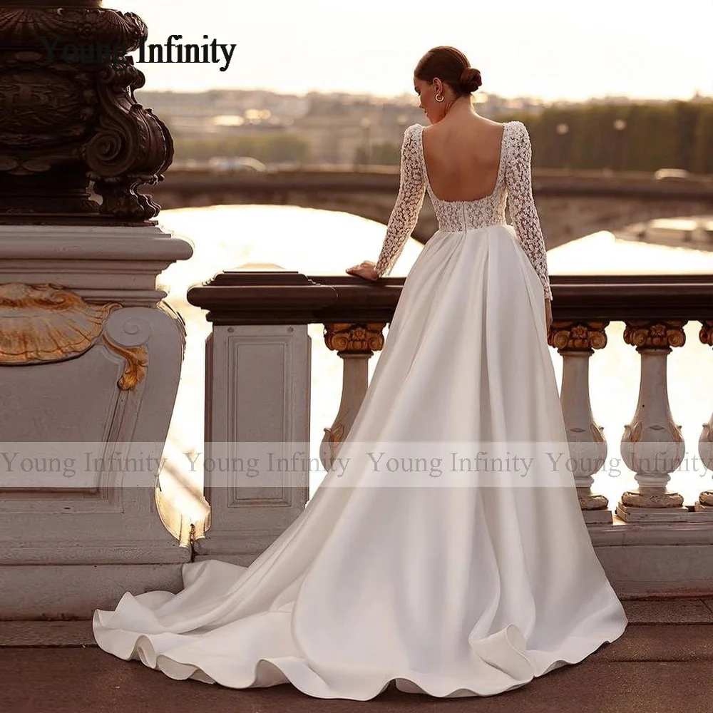 Гражданские Свадебные платья 2024 для женщин с квадратными длинными рукавами и