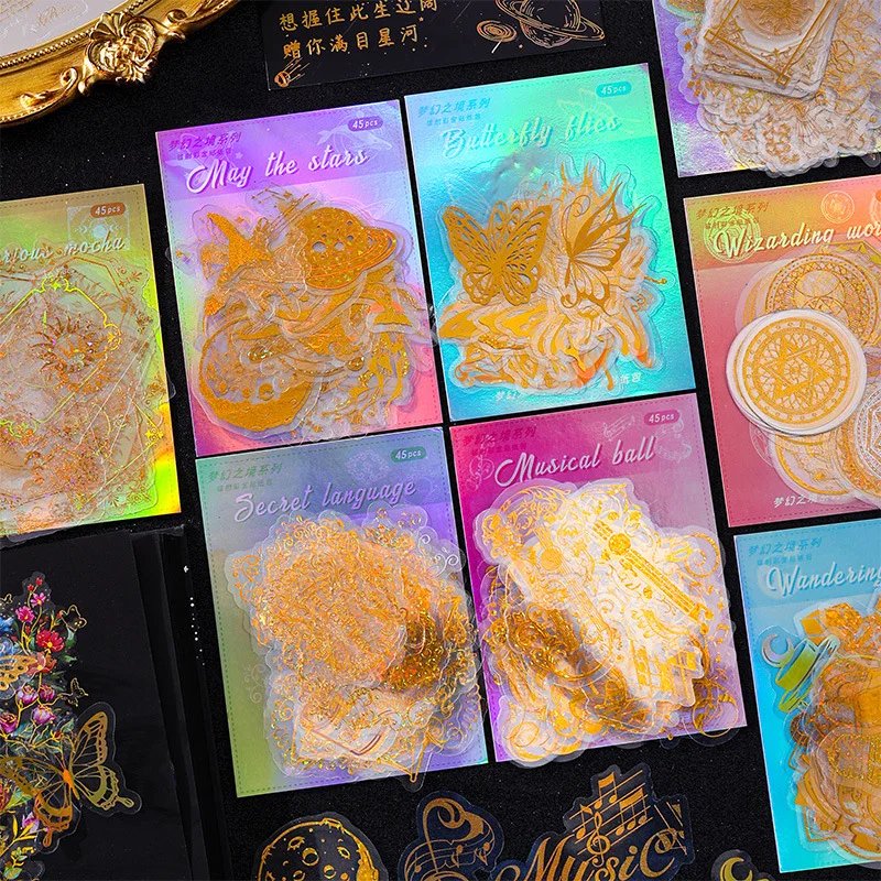

45 pcs/pack Bronzing PET Sticker Retro Decorative Junk Journal accessories Scrapbooking material