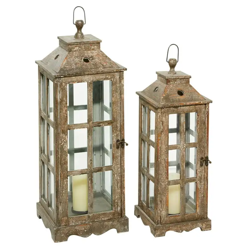 

Holder Brown Wood Lighthouse Style Candle Lantern, Set of 2
