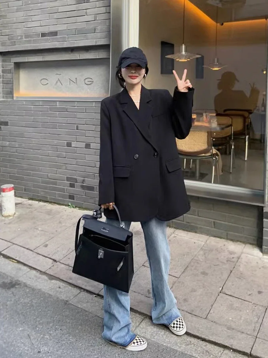 

Fried Street Black Suit Jacket Women's Spring and Autumn 2023 Korean Style Design Sense All-match Loose Casual Mid-length Blazer