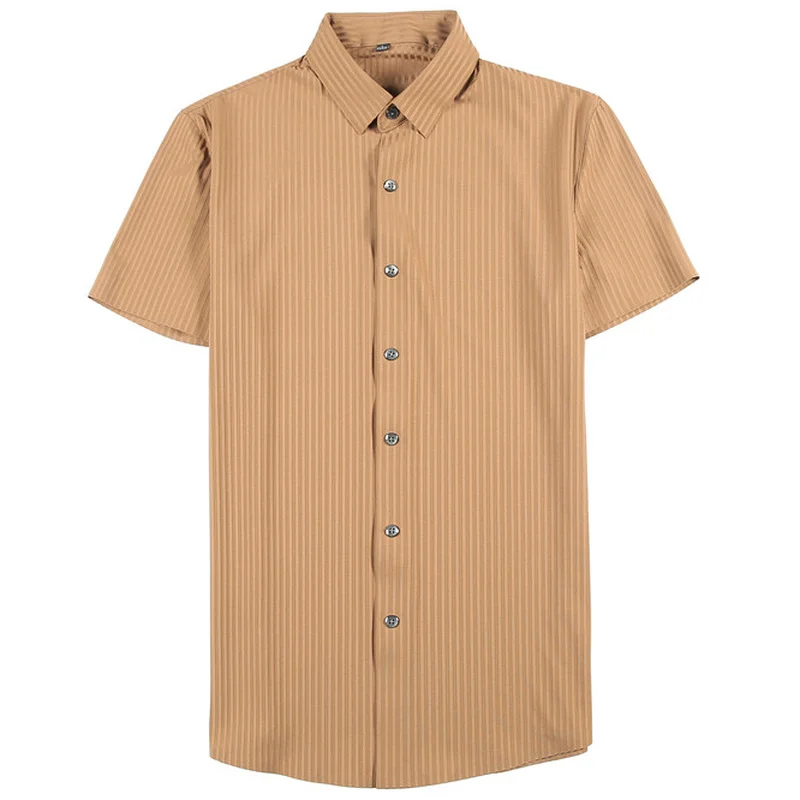 Elasticity Seamless Shirts for Men Summer Short Sleeve Striped Slim Casual Shirt Business Formal Dress Shirt Social Party Blouse