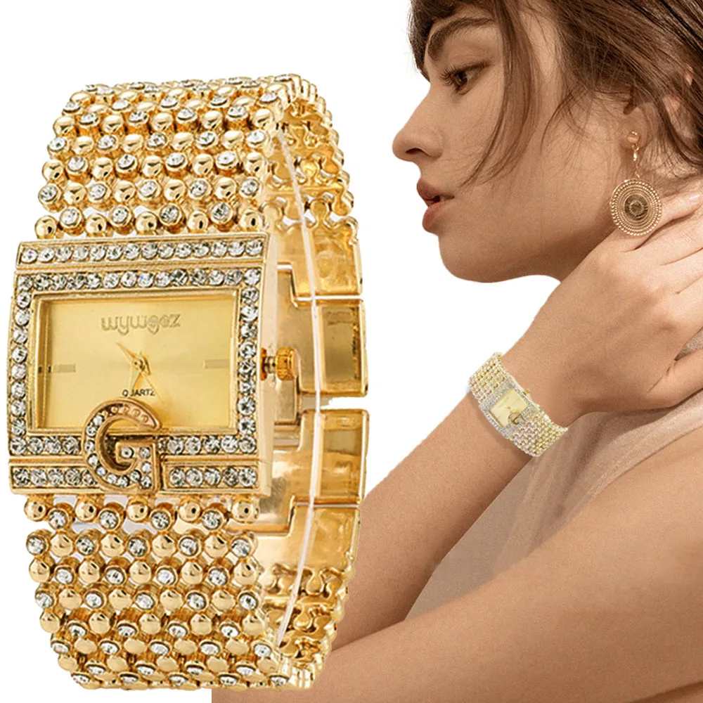 Простые квадратные золотые женские часы, модные классические женские часы сбраслетом из сплава и бриллиантами, кварцевые часы с циферблатом