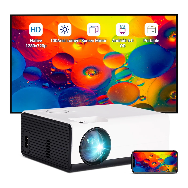 

Hotack Latest Portable LED Android 9 Video 3840x2160P 4K UHD Digital LCD Projector with HDMI USB WIFI Internal Speaker Projector