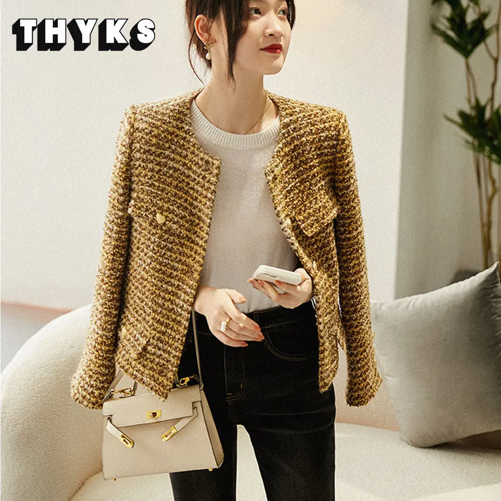 

Short Tops Women's 2022 Autumn and Winter Small Jacket Retro Elegant Tweed Blazer Knit Fashion Coat Office Lady Yellow Outwear