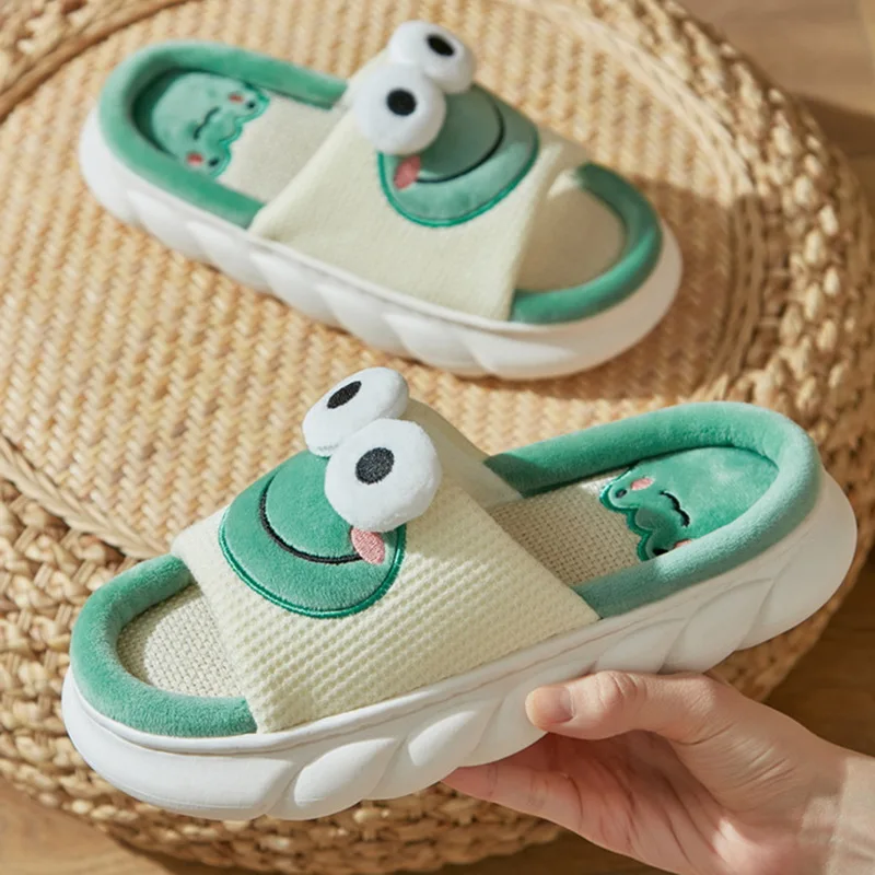 

Lovely Bow Linen Slippers Couples Non- Slip Thick Soled Slides Spring Summer Cotton Linen Cool Slipper Couple Home Shoes