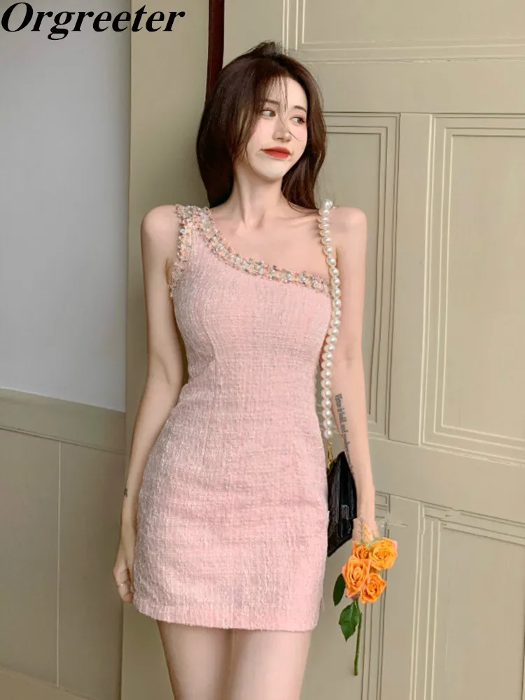 

Пикантное твидовое платье с открытыми плечами для женщин, корейское модное милое летнее розовое мини-платье с бисером, цветная отделка, Клу...