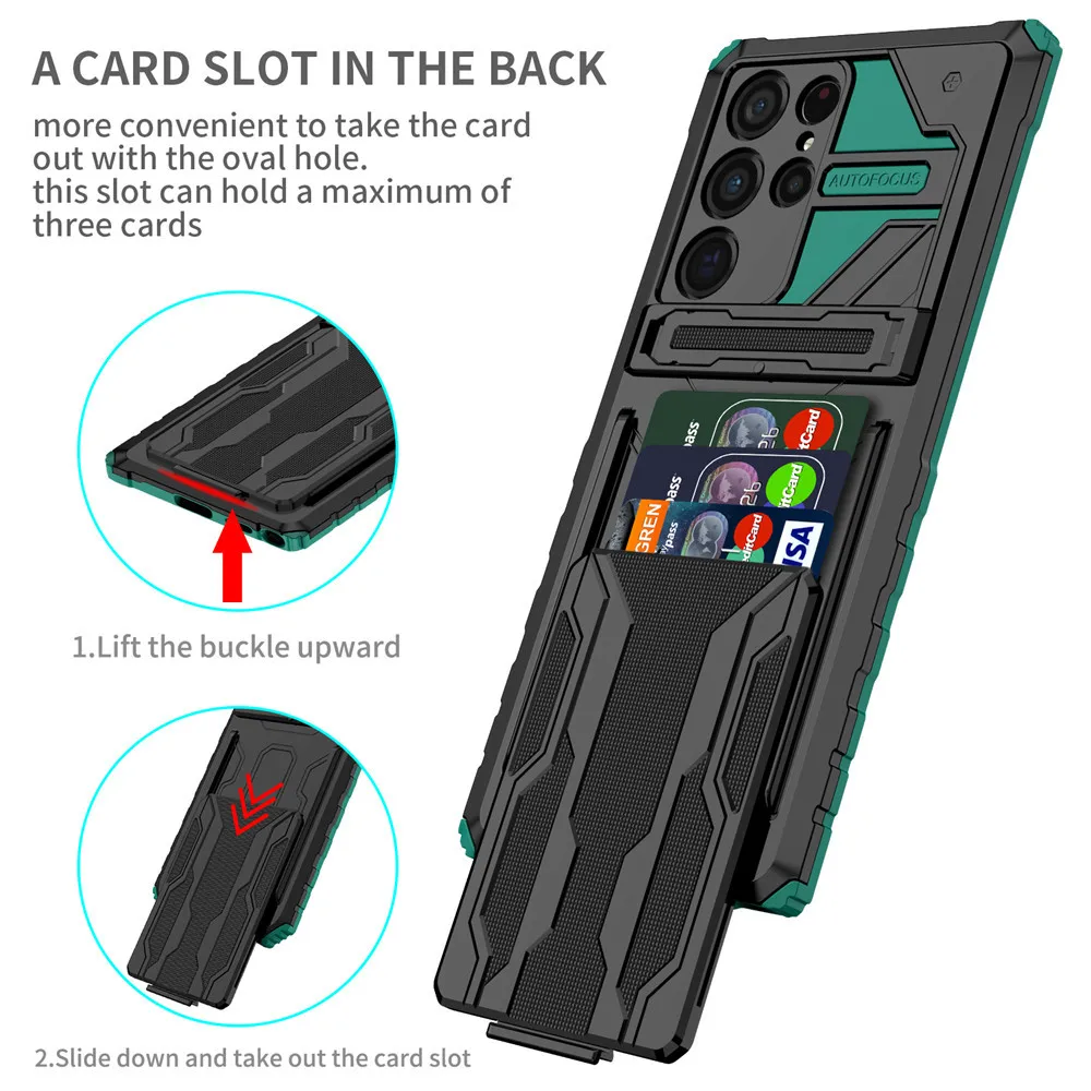 

For Samsung S22 S21 Ultra Plus Case Heavy Duty Kickstand Card Slots Cover Galaxy Note 20 Ultra A53 A13 A32 A52 A72 A12 A21S A52S