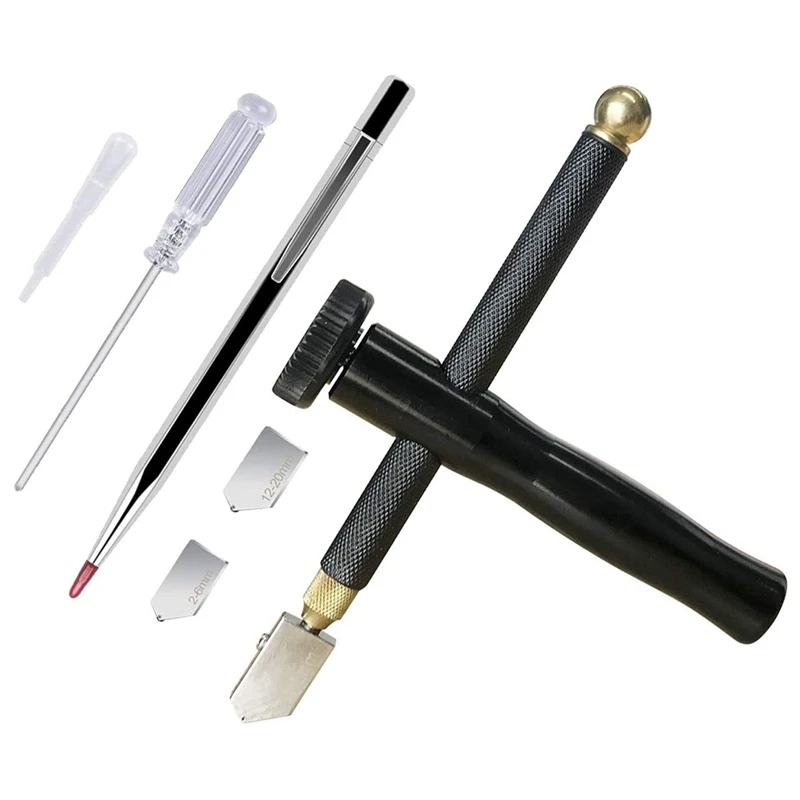 

7PCS Oil Feed Glass Cutter Kit 2-6 Mm, 6-12 Mm, 12-20 Mm Glass Cutter Head With Handle Professional Cutter Tool