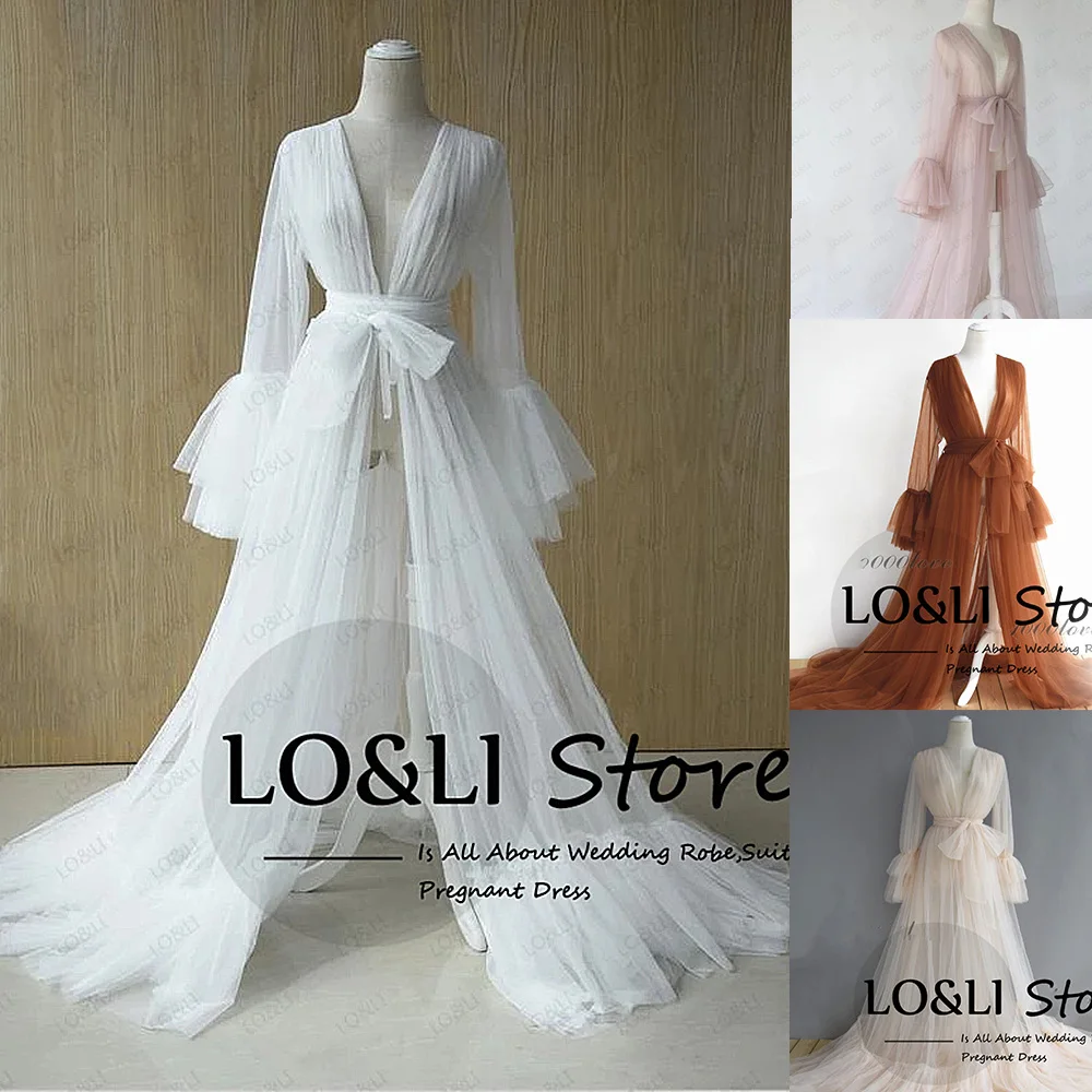 LO&LI See Through Maternity Robes for Photo shoot Woman Custom Wedding Dress Baby shower Sheer Long Dress Fluffy Bridal Robe