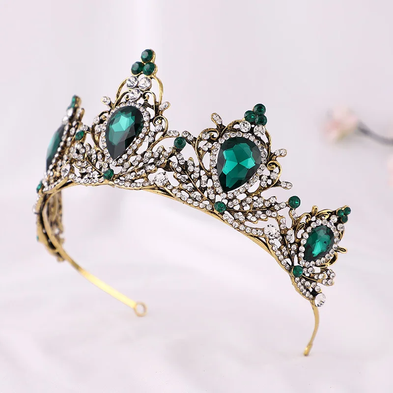 

Baroque Vintage Green Crystal Bridal Tiaras Crown Women Rhinestone Retro Pageant Diadem Wedding Hair Accessories Bride Headbands