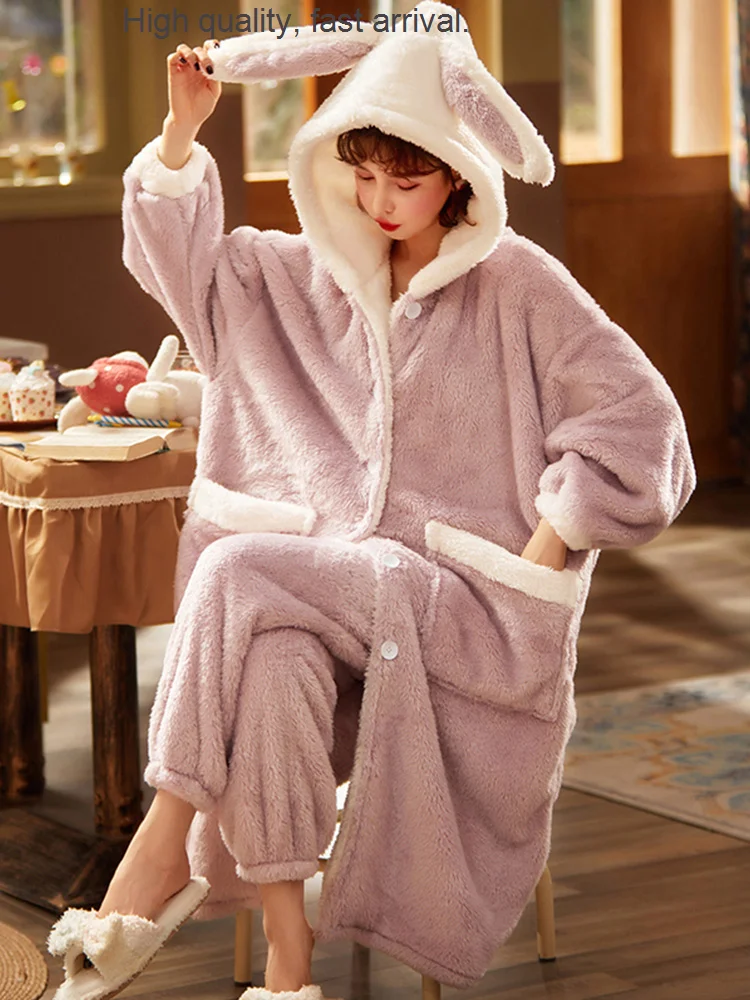 

Spring, Pajamas Women's Autumn and Winter Coral Fleece Thickened Sweet Cute Suit Nightgown Flannel Home Wear Can Be Worn outside
