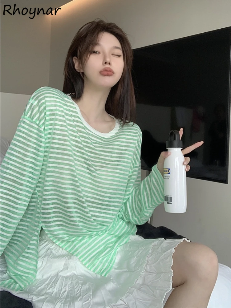 

Sun-proof Long Sleeve T-shirts Women Side-slit Striped Loose Thin Summer Transparent Beach Fashion Cool Holiday Tender Casual BF