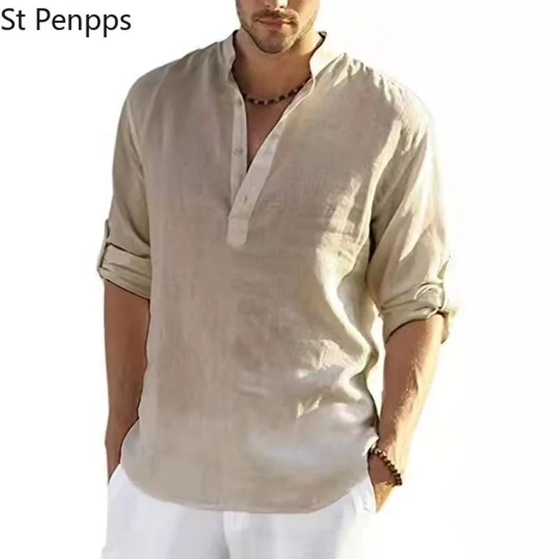 Новинка 2022 мужская повседневная блузка рубашка из хлопка и льна свободные топы