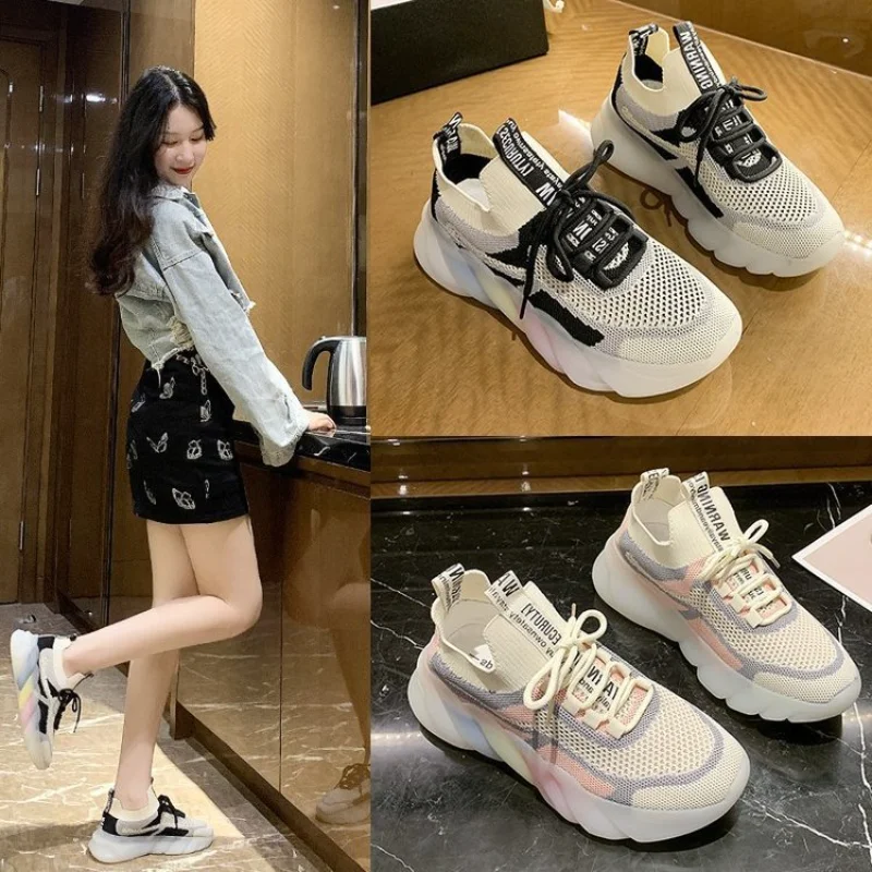 

Кроссовки женские сетчатые, Повседневная Удобная обувь на платформе, на шнуровке, радужная мягкая подошва, модные туфли для тенниса, лето 2023