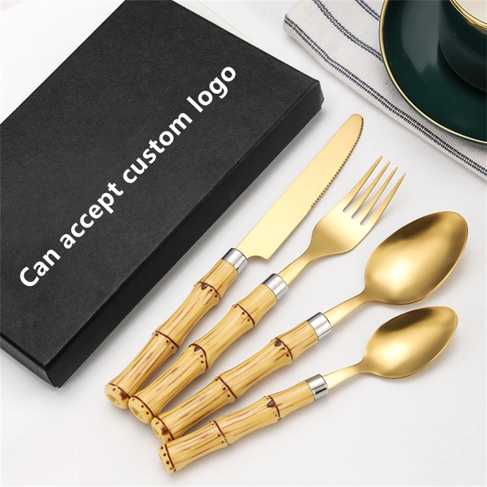 Stainless Steel Dinnerware Set Gift Box Bamboo Handle Cutlery Set Customized Logo Box Knife Fork Teaspoon Tableware Set Gift Box images - 6