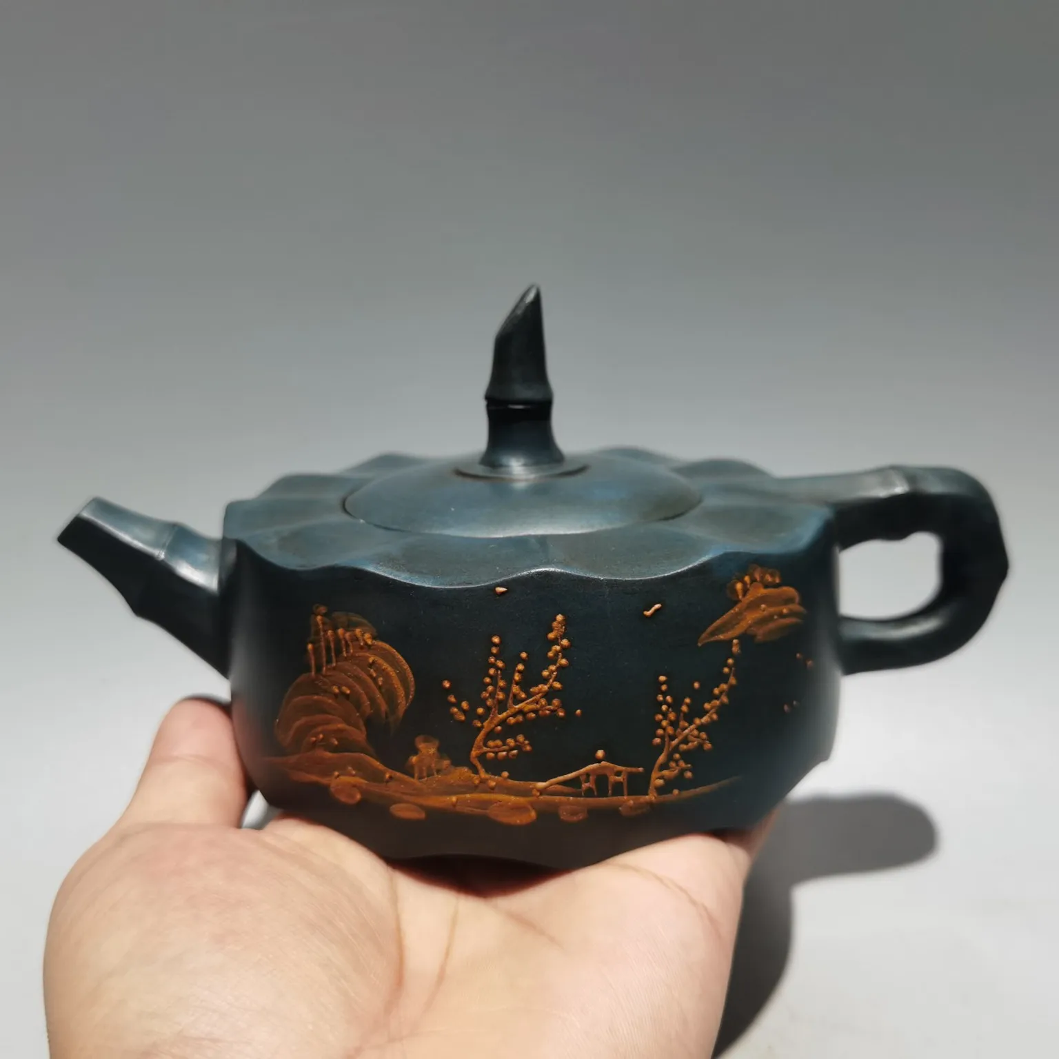 

8" Chinese Yixing Zisha Pottery mud painting lotus pot Bamboo Landscape pattern kettle teapot green mud office Ornaments