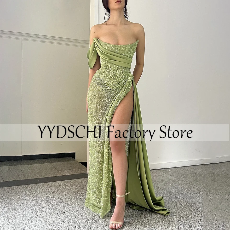 

Green Evening Dresses 2023 Arab Exquisite Dancing Party Sleeveless Luxury Prom Dress For Women Floor Length Formal Evening Gown